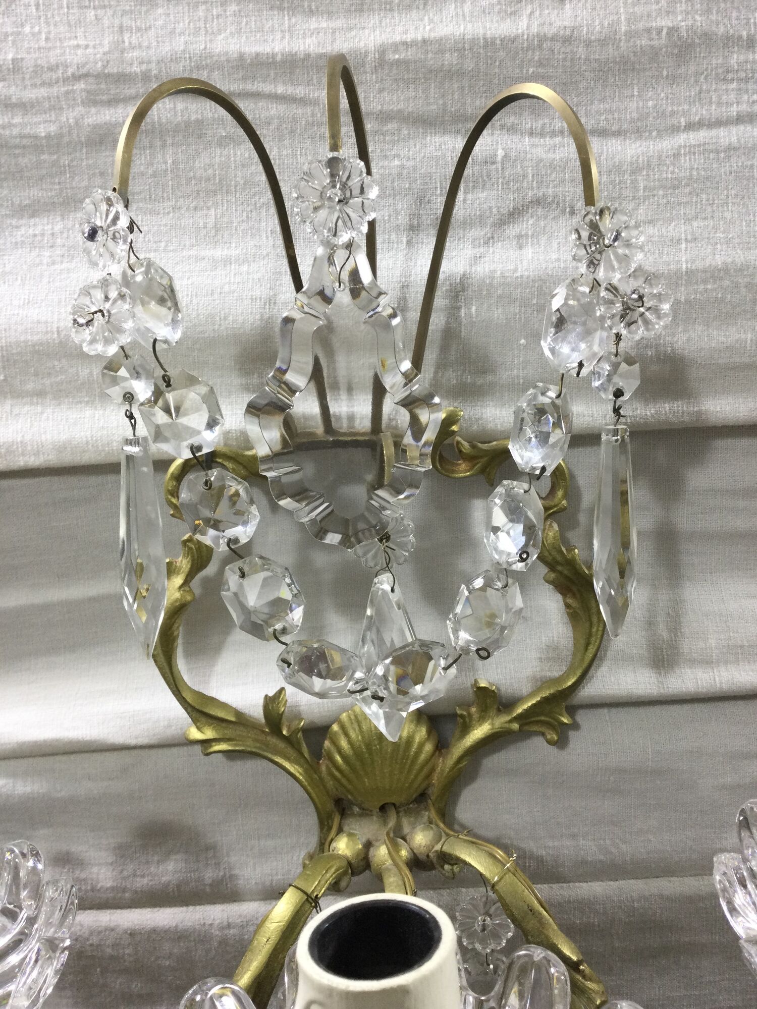 Pair of 3-light bronze and crystal wall lights