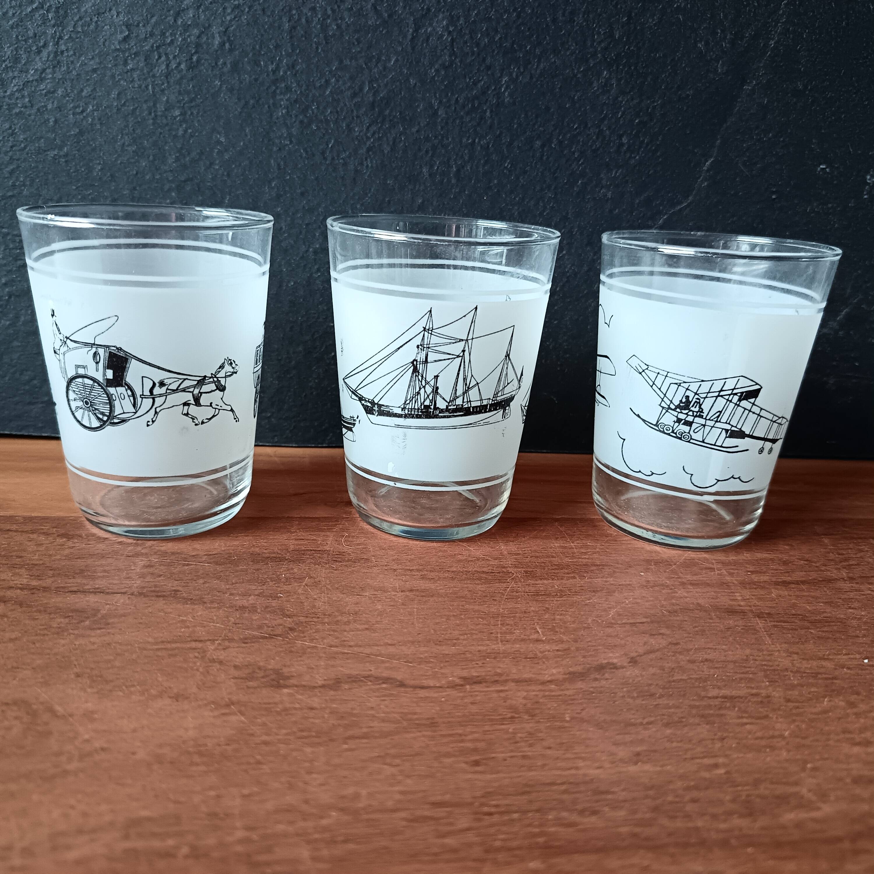 6 vintage water glasses, means of transport, France