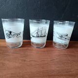 6 vintage water glasses, means of transport, France