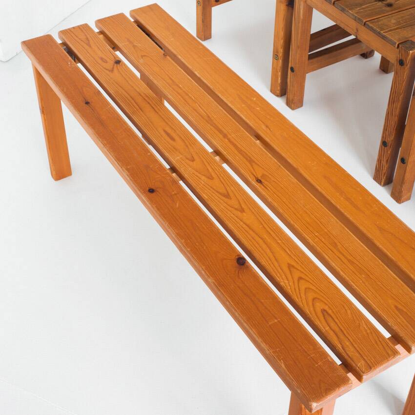 Set of four Scandinavian style chairs + bench. Pine wood. Produced by Sotka. Finland 70s