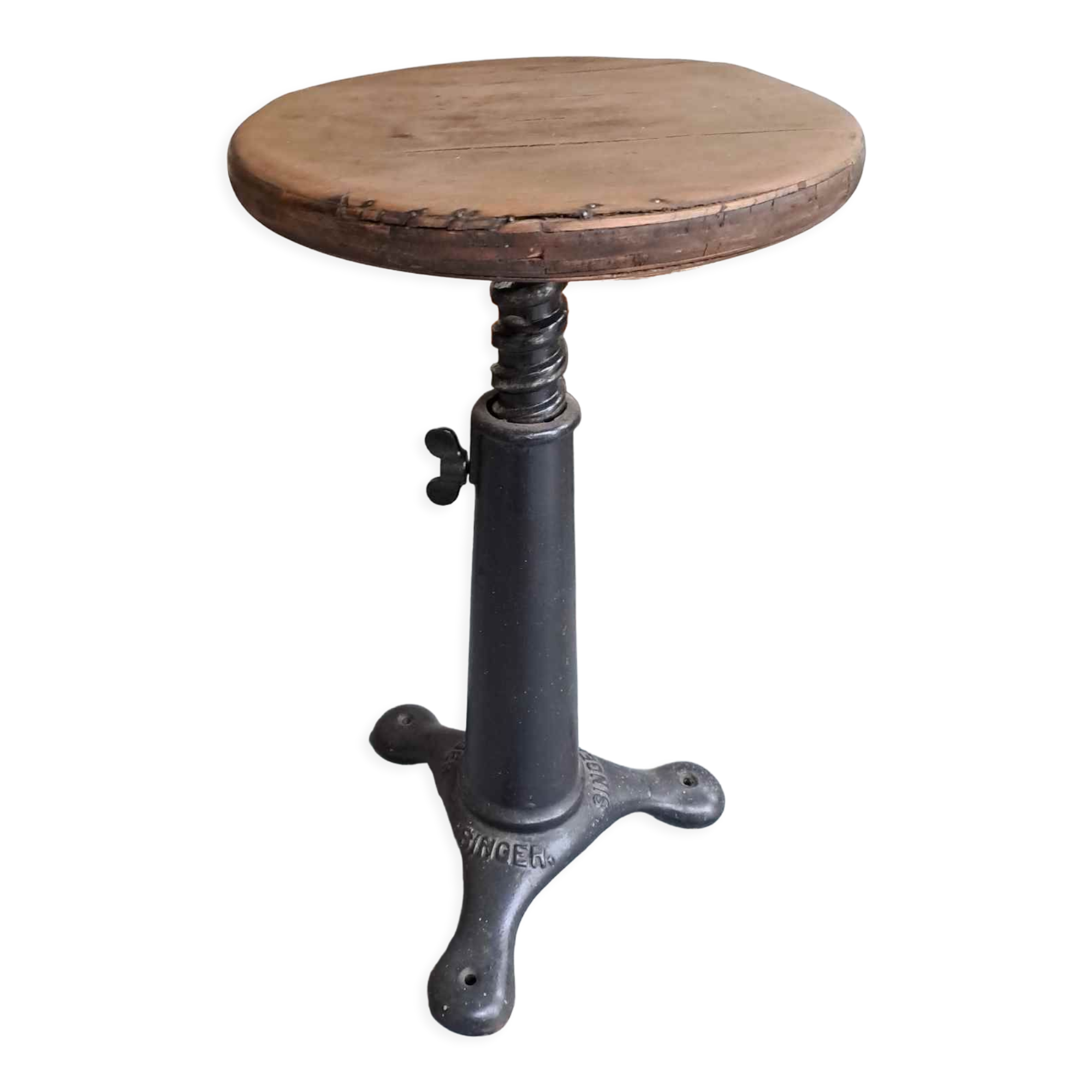 Ancien tabouret atelier singer pied eiffel acier et bois