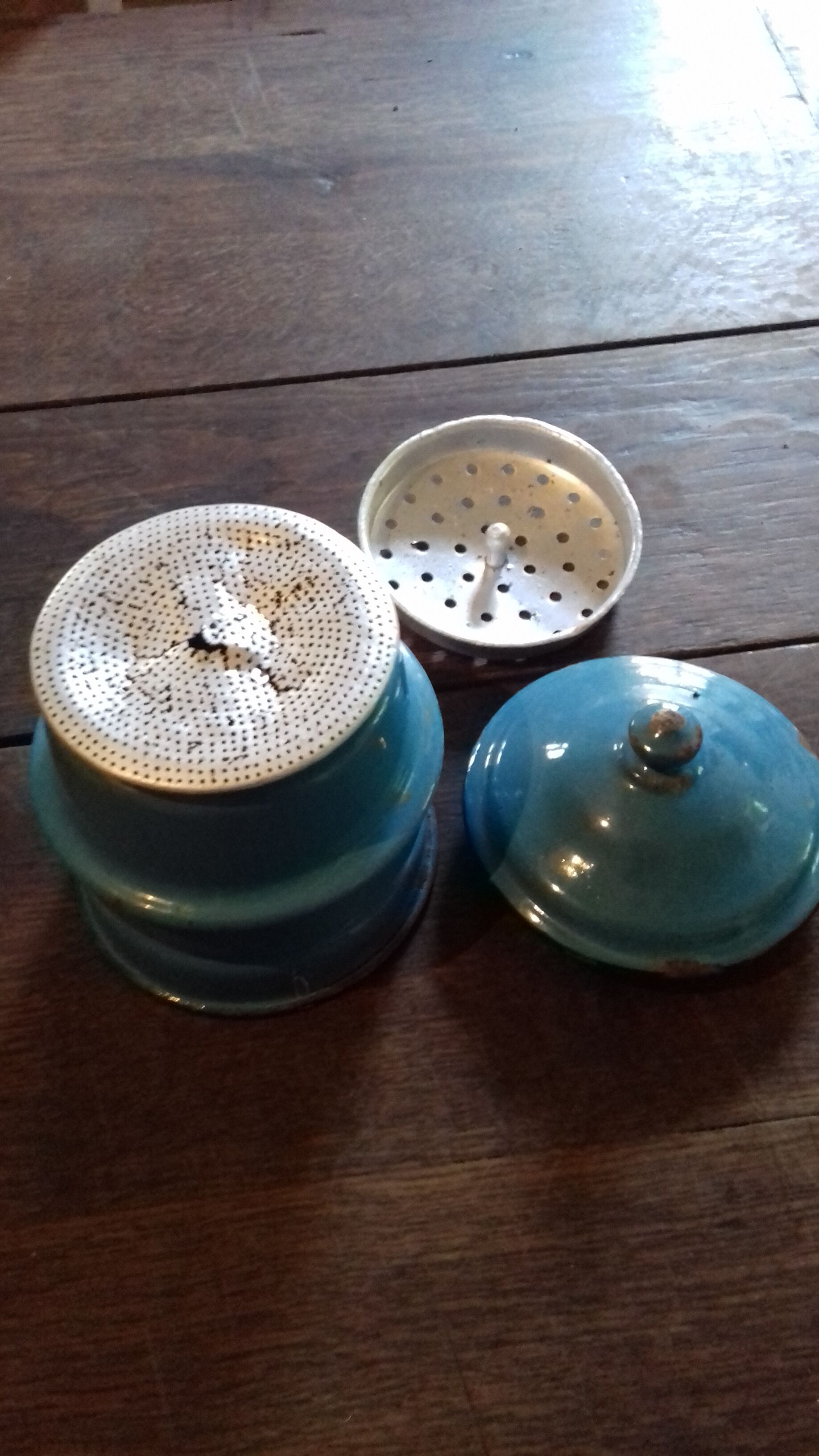 Blue enamelled coffee maker floral pattern