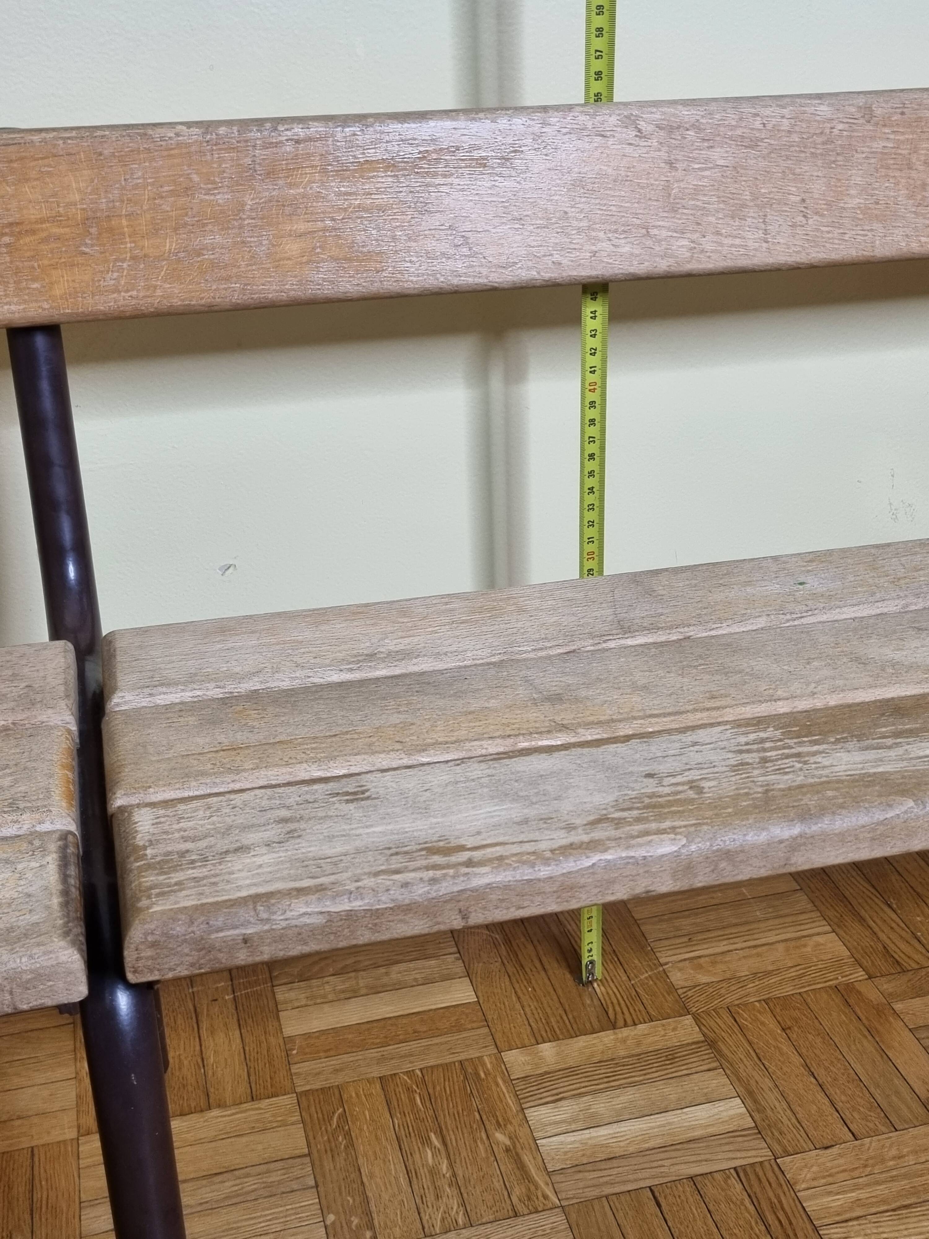 Vintage wooden and metal kindergarten bench, 2 m