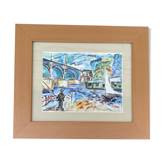 Tableau peinture moderne vue du pont de Chatou XXe