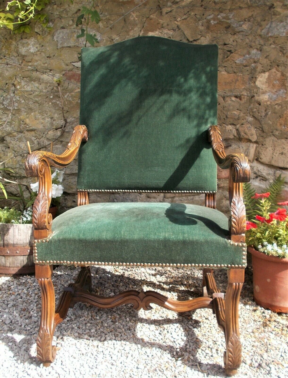 19th C Antique open armchair, Flemish,Carved Oak Detail, Velvet Upholstered