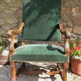 19th C Antique open armchair, Flemish,Carved Oak Detail, Velvet Upholstered