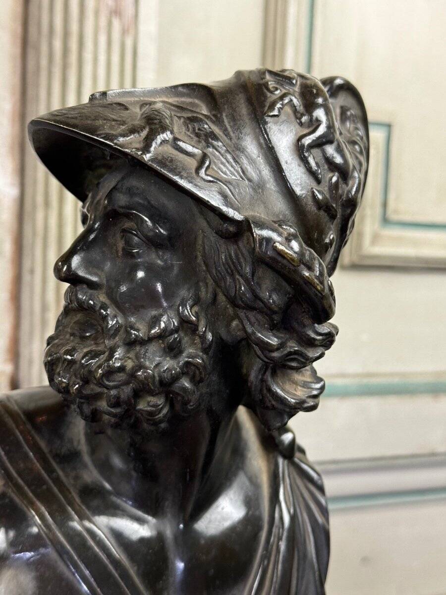 Bust of Ajax, bronze with black patina on a black Belgian marble base, 19th century.