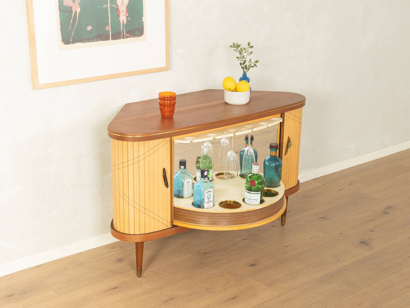 Elegant bar cabinet from the 1950s with rotating compartment and mirrored back