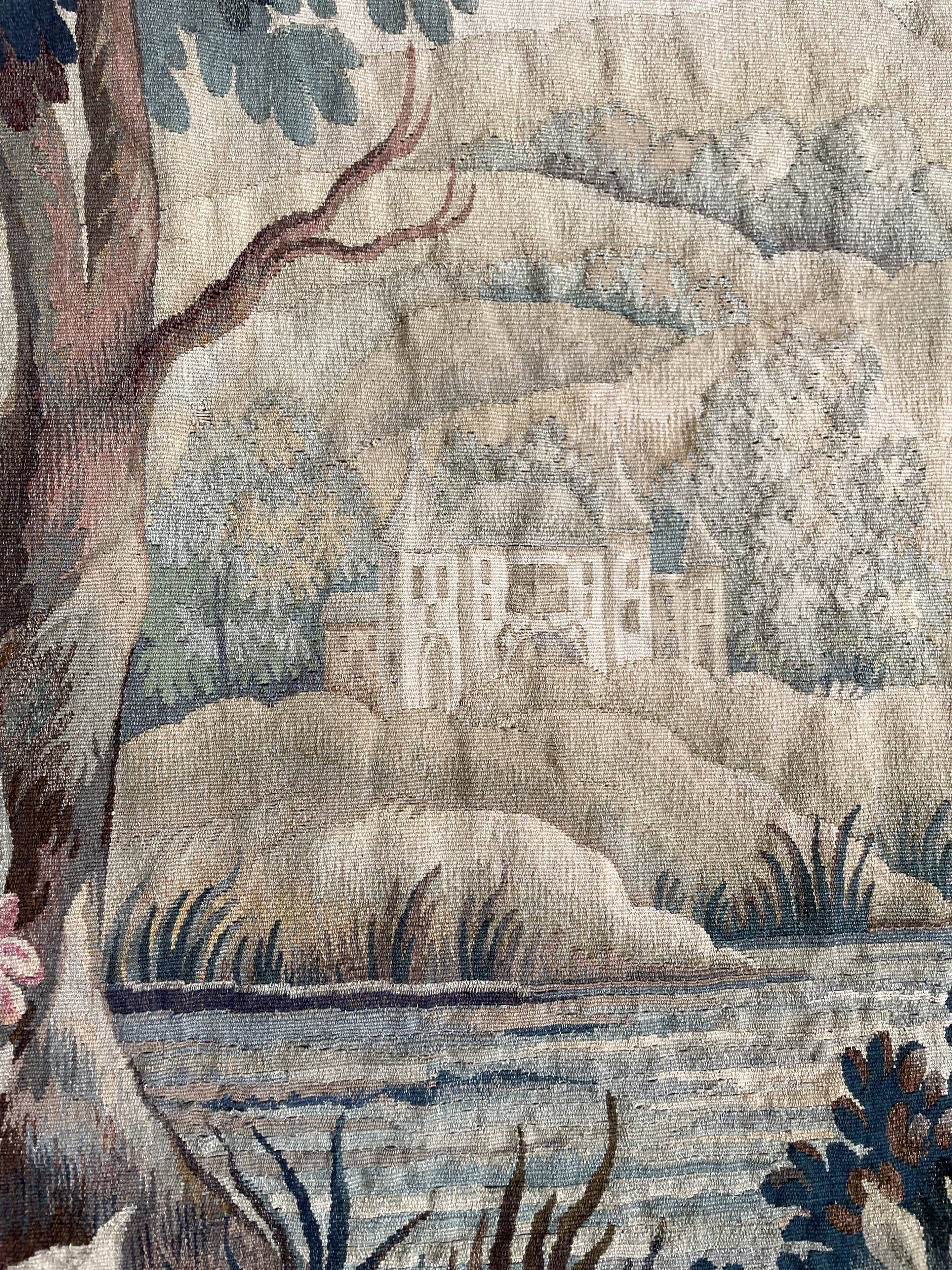 Aubusson tapestry late 19th century, landscape-greenery-castle, wool and silk
