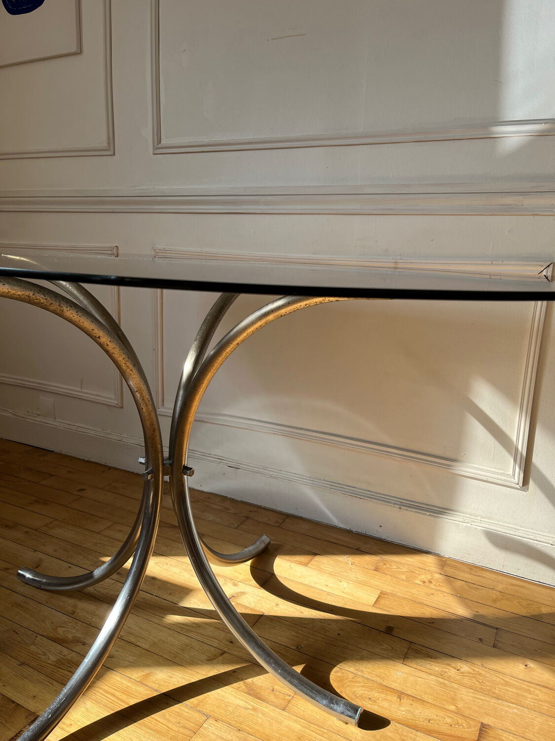 Vintage smoked glass oval dining table