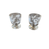 Set of 2 shells in transparent molded glass and decoration hen rooster and vintage chicks