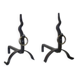 Pair of vintage wrought iron modernist andirons
