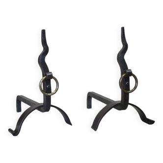 Pair of vintage wrought iron modernist andirons