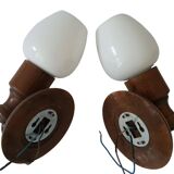 Set of wall lamp wooden support and vintage white opaline globe