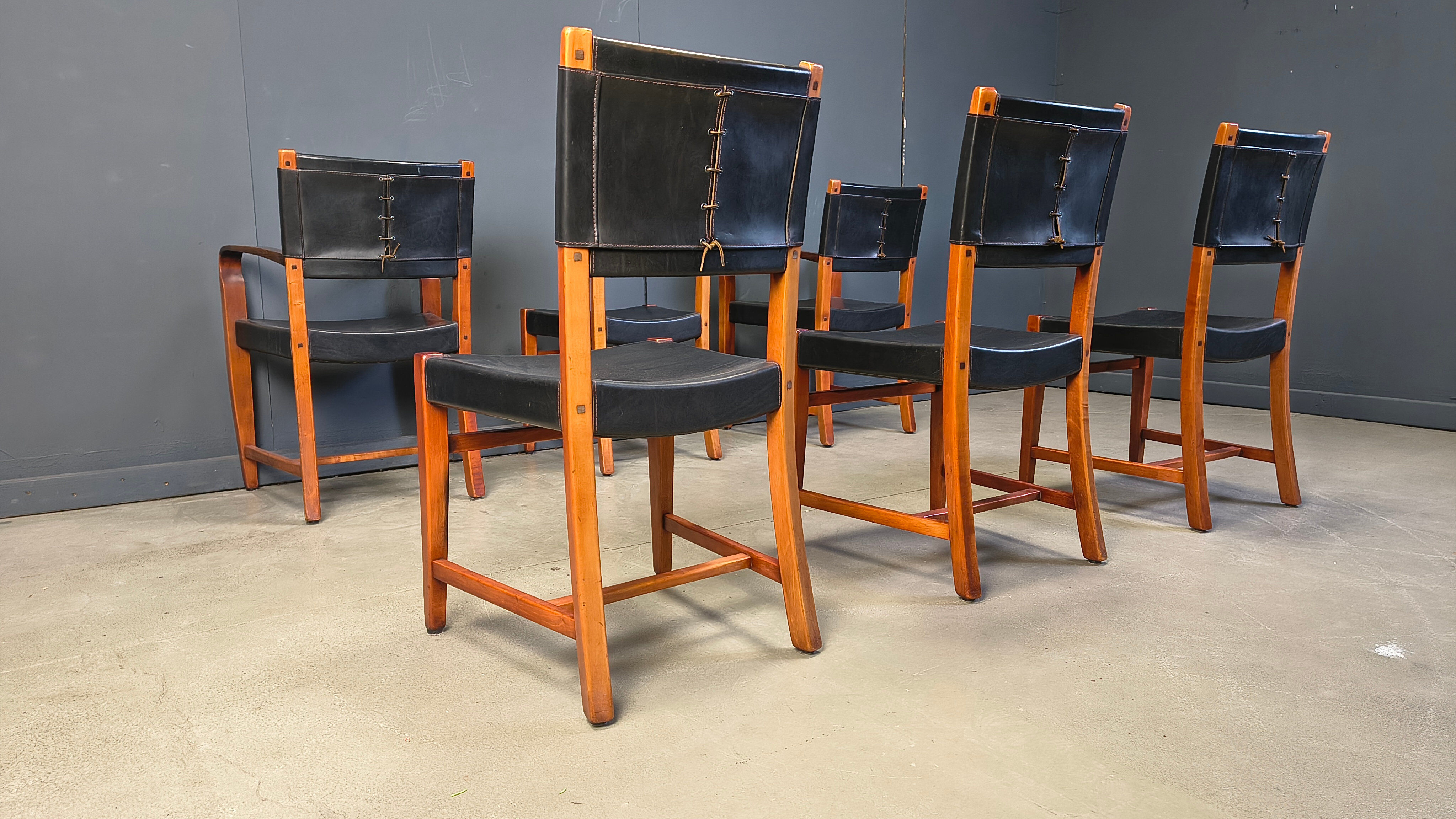 Vintage Spanish leather and wood dining chairs, set of 6 - 1970s