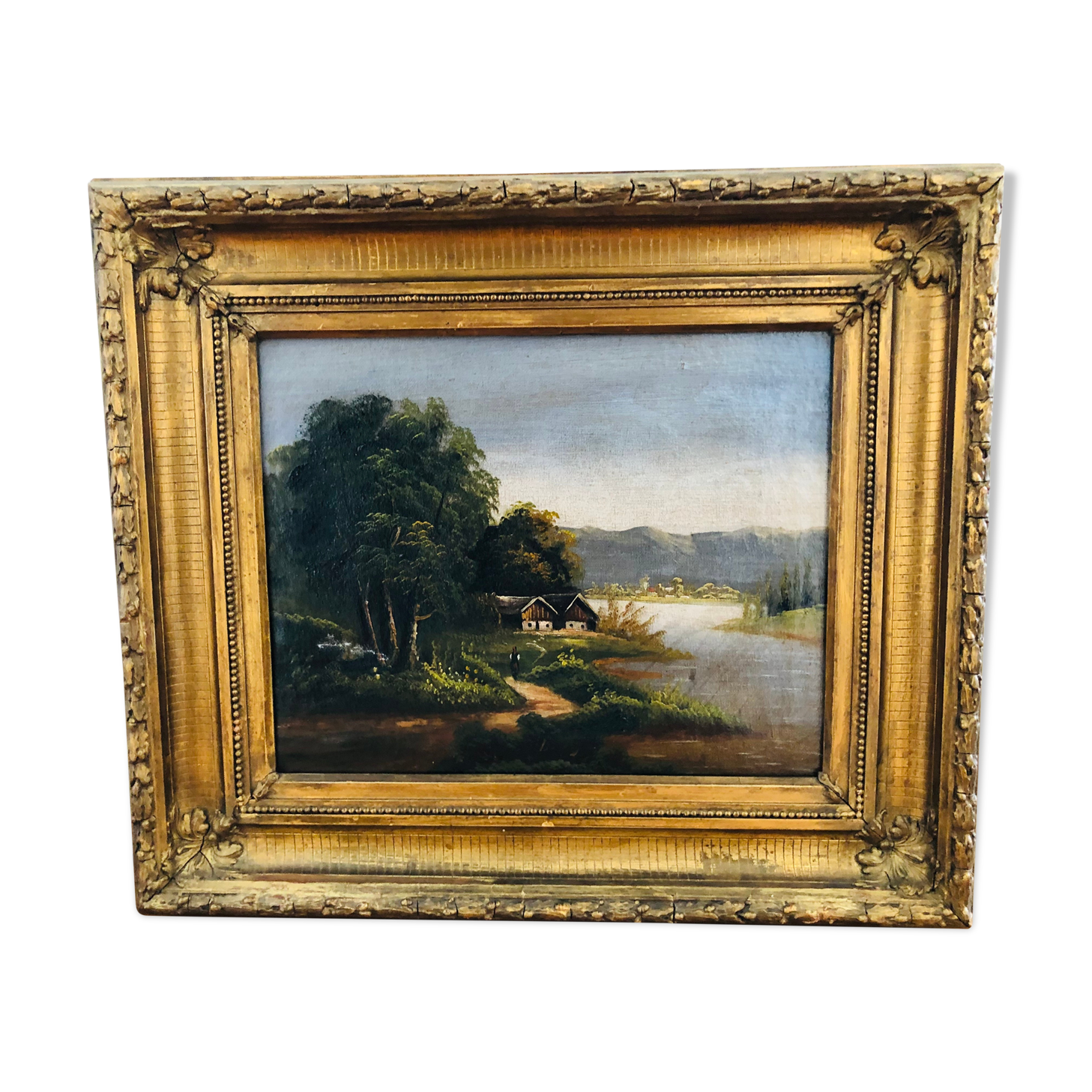 Huile sur toile, paysage bord de rivière