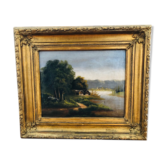 Oil on canvas, Riverside landscape