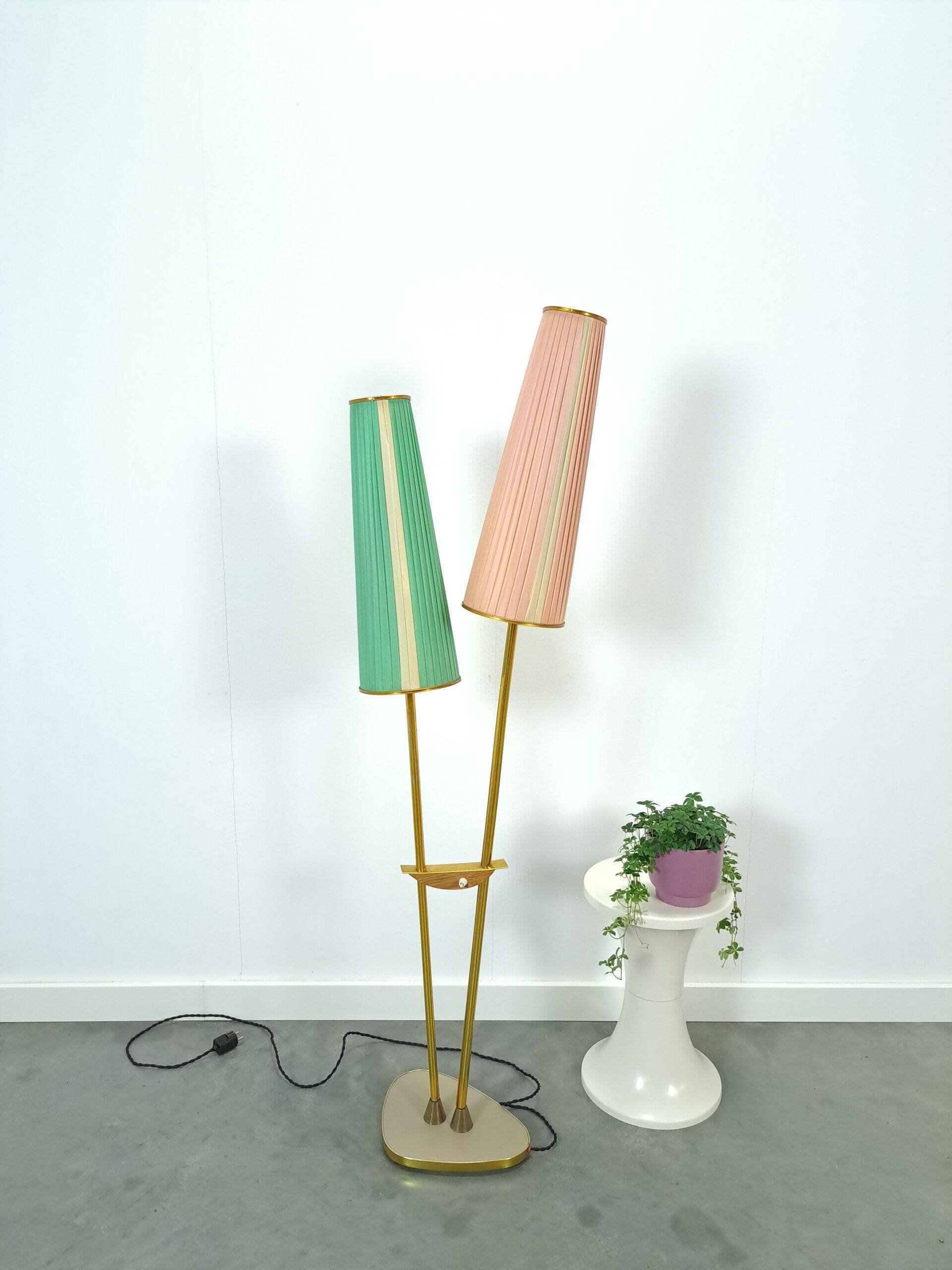 1950s floor lamp with pink and green shade and gold-coloured legs