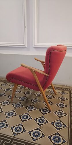 Fauteuil cocktail zig zag wing années 50 60 rose fushia