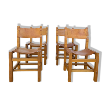 Set of 4 chairs Maison Regain in leather and solid elm.