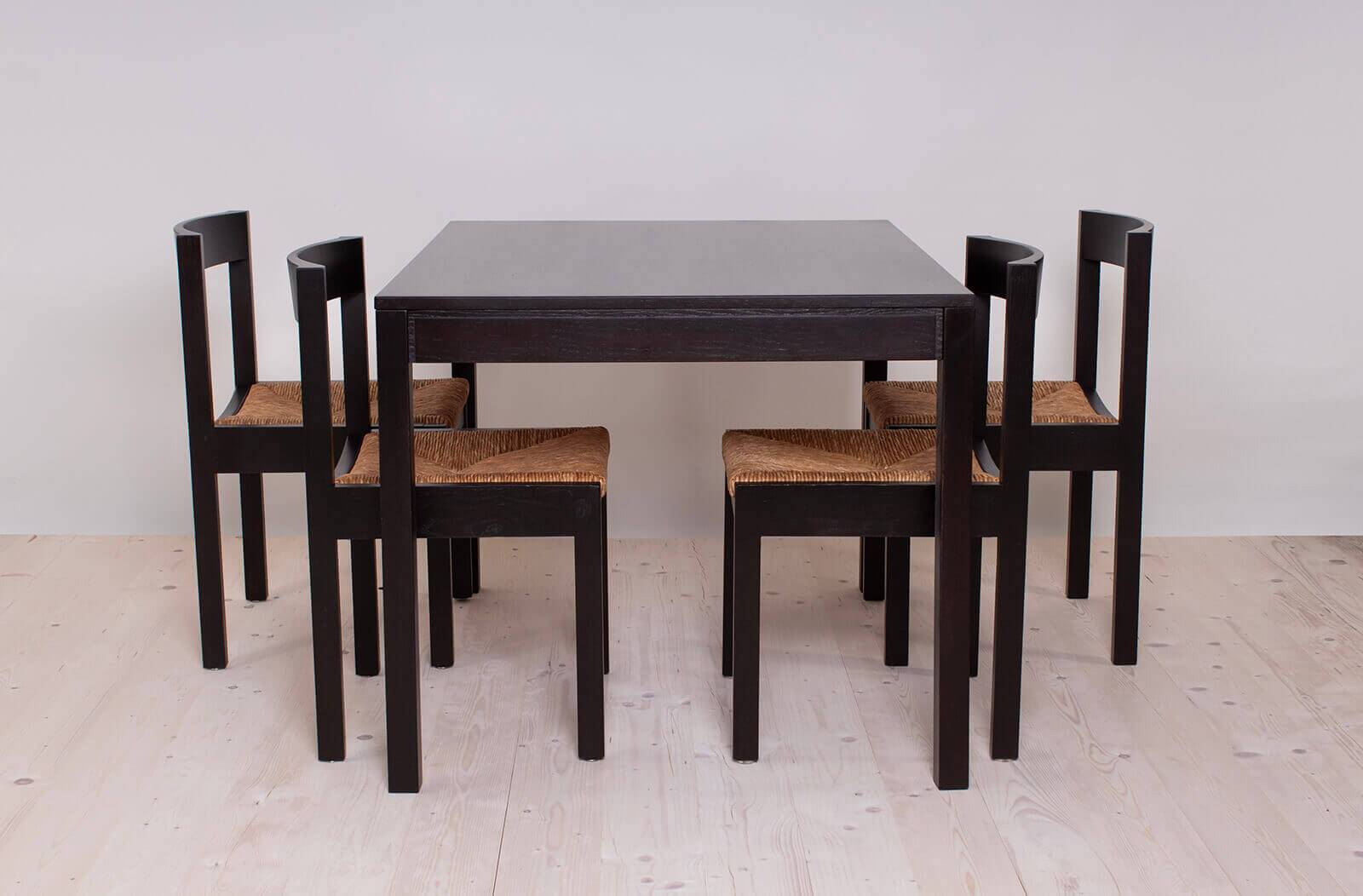 Vintage dining set, 4 chairs, extendable dining table, rope seating, 1970s