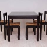 Vintage dining set, 4 chairs, extendable dining table, rope seating, 1970s
