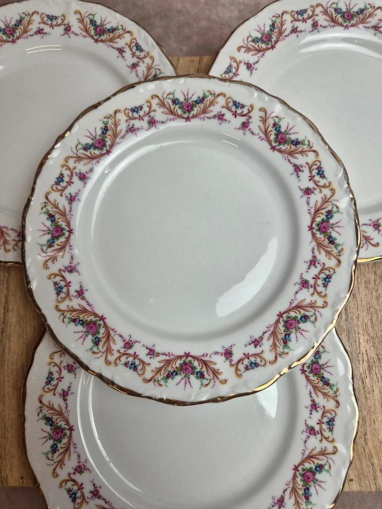 Set of 4 dessert plates French porcelain Digoin romantic floral gold decoration