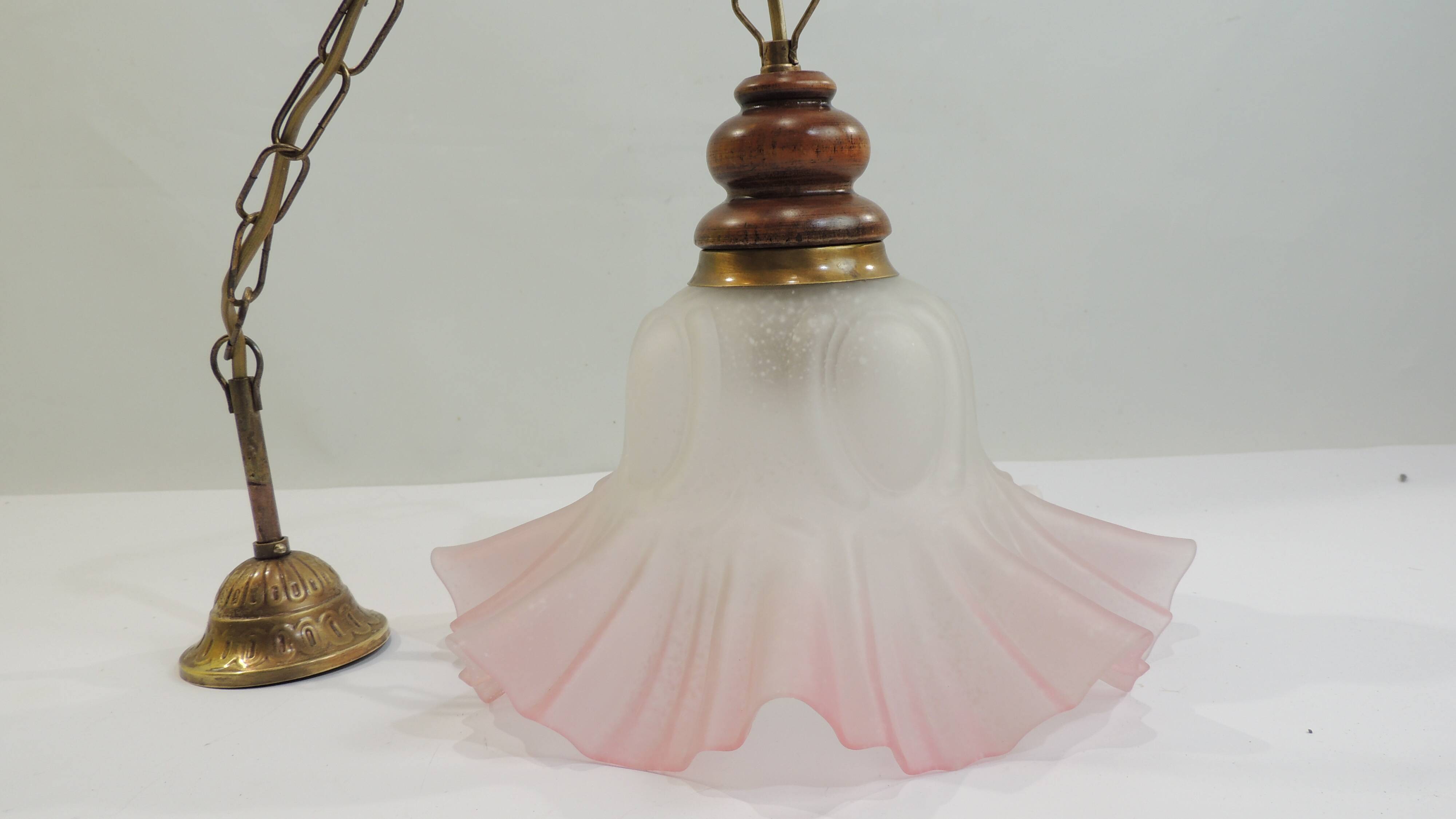 Vintage pink opaline glass pendant light – Art Deco tulip, brass and wood
