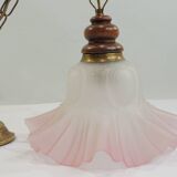 Vintage pink opaline glass pendant light – Art Deco tulip, brass and wood