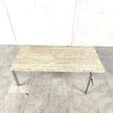 Table basse vintage en travertin et chrome, années 1970