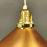 Copper hanging lamp with brass colored top and white inside lacquer.