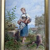 Watercolor Painting "Young Woman with Basket" Gustave Roux (1828-1885)