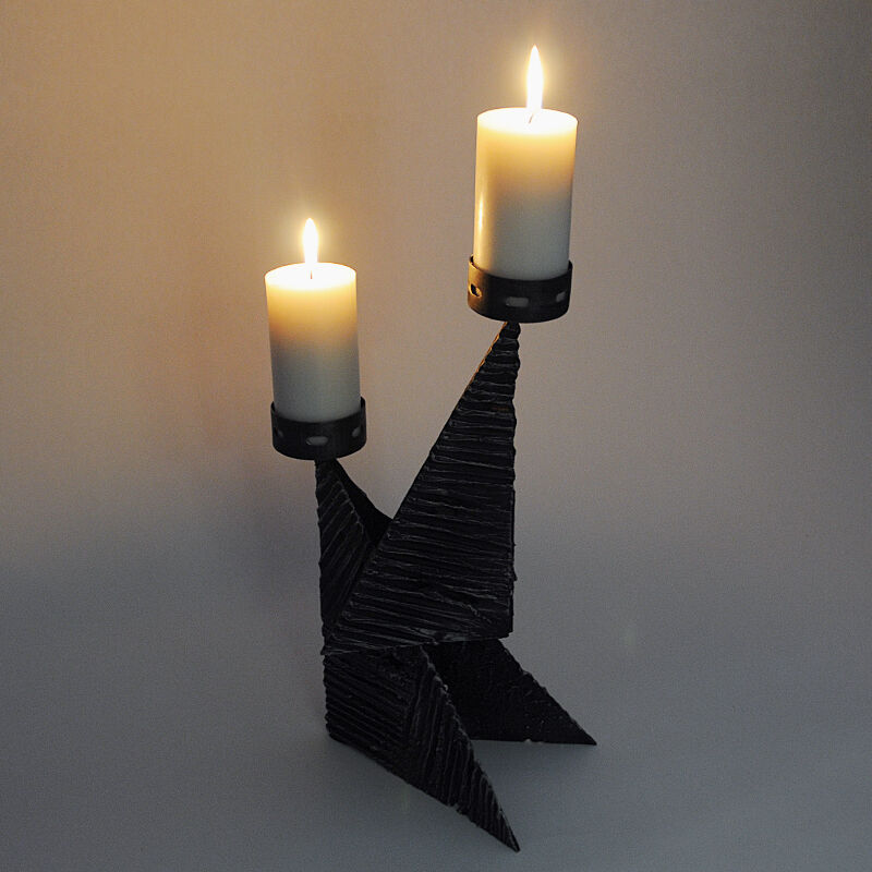 Scandinavian Brutalist Metal Candleholder for Two Candles 1970s