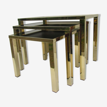 Belgo chrom plaqué d'or table basse gigognes, gold-plated nesting tables, 1970s, Set of 3