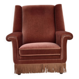 Fauteuil danois à dossier haut, années 1970, velours d'ameublement rose saumon, bois de hêtre.