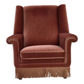 1970s, Danish highback armchair, salmon pink furniture velour, beech wood.