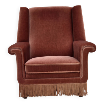 1970s, Danish highback armchair, salmon pink furniture velour, beech wood.