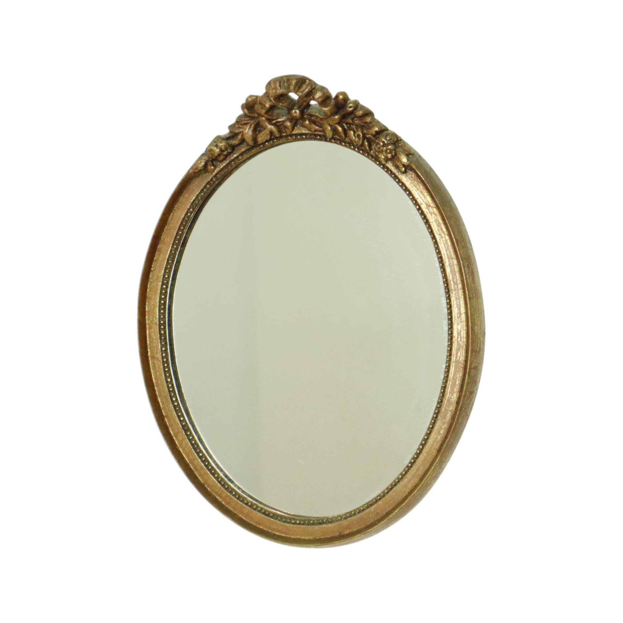 Miroir ovale vintage en résine dorée à la feuille d'or, style années 60. Classique.