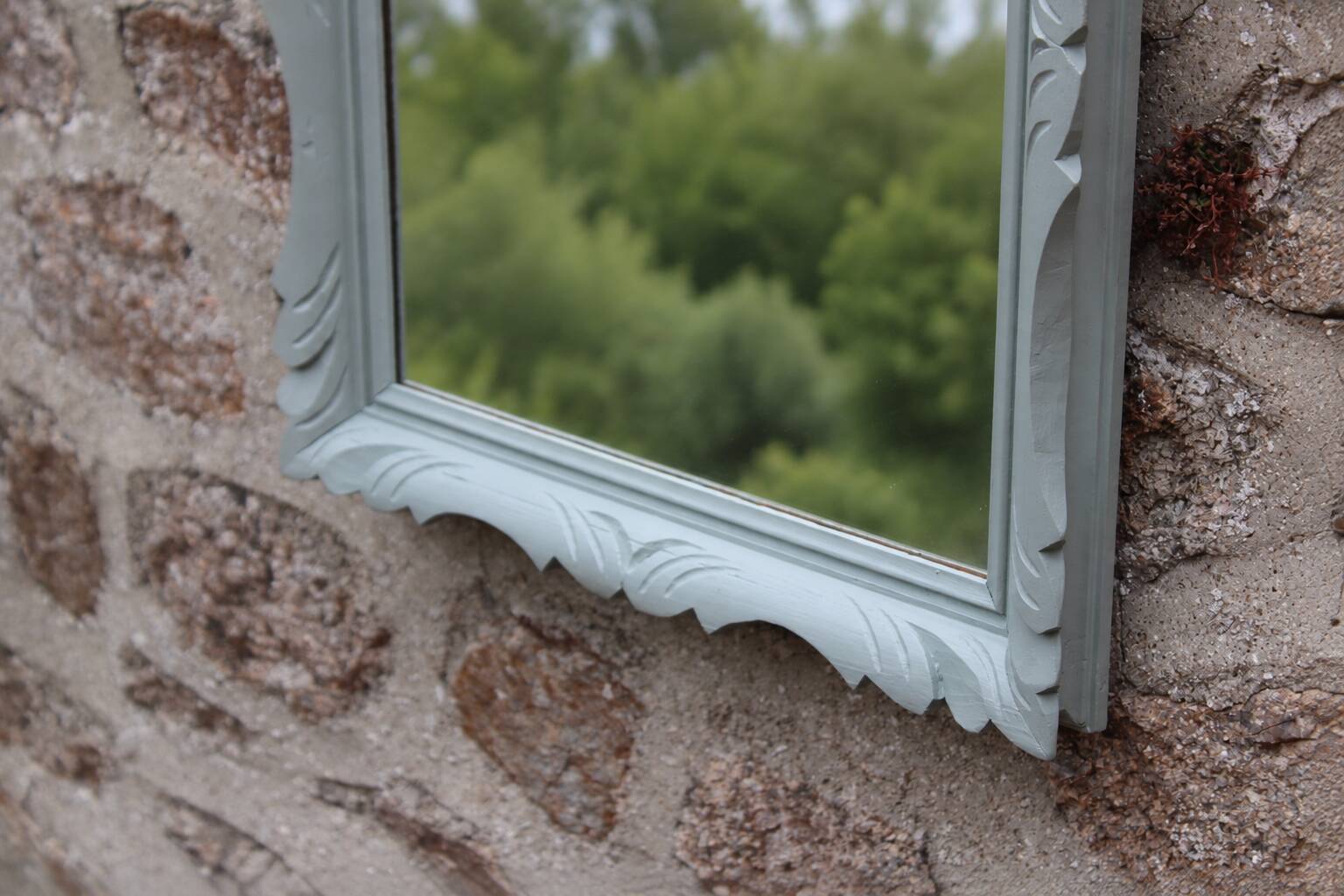 Vintage wall mirror in carved blue-green wood – rococo style – H48 cm