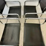 Lot of 4 tubular metal and black leather chairs MG5 Grassi style 70s