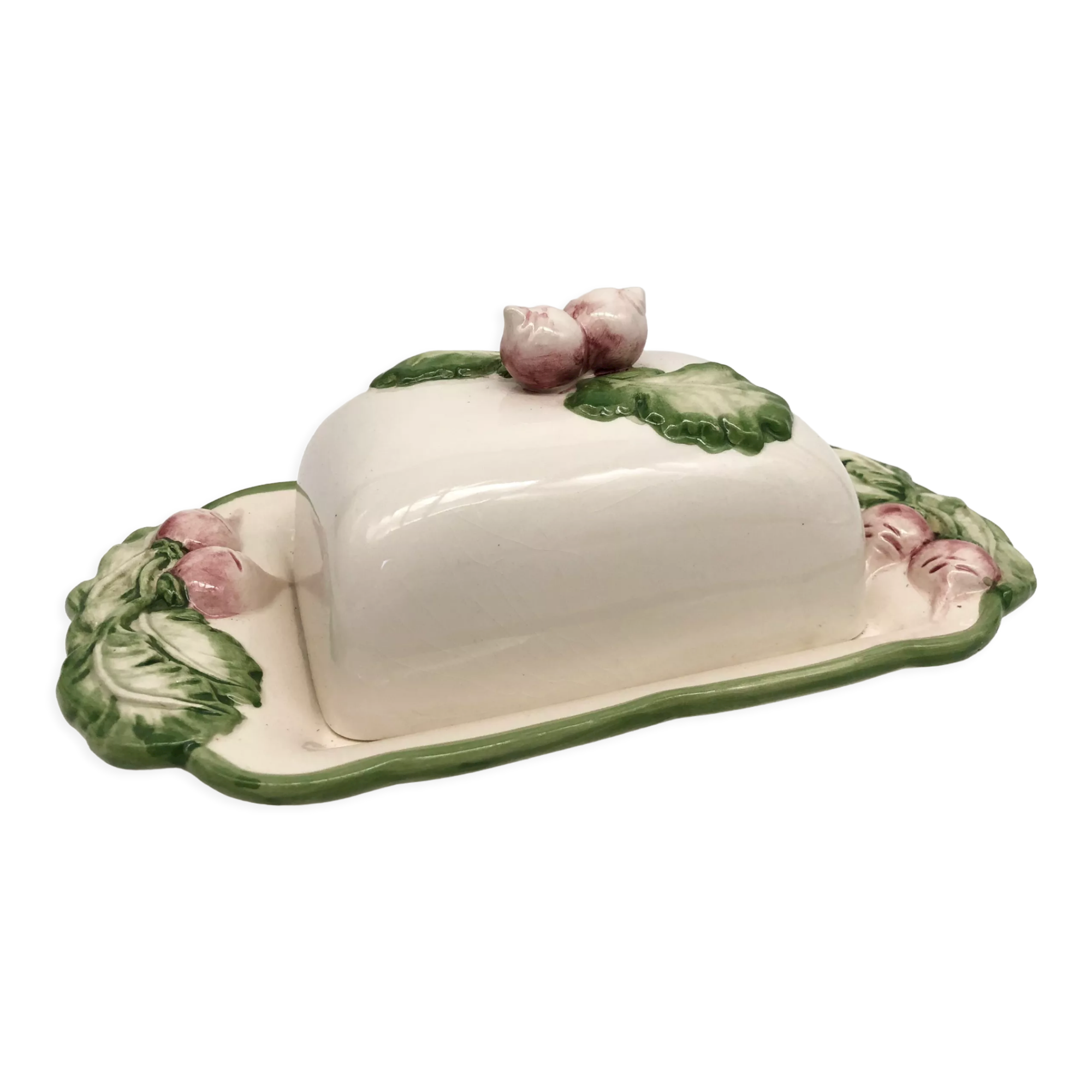Slurry butter dish, with radish drawings. Signed "FG"