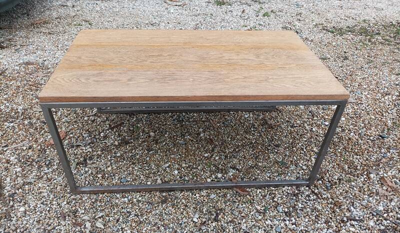 Solid wood living room coffee table with patinated metal legs