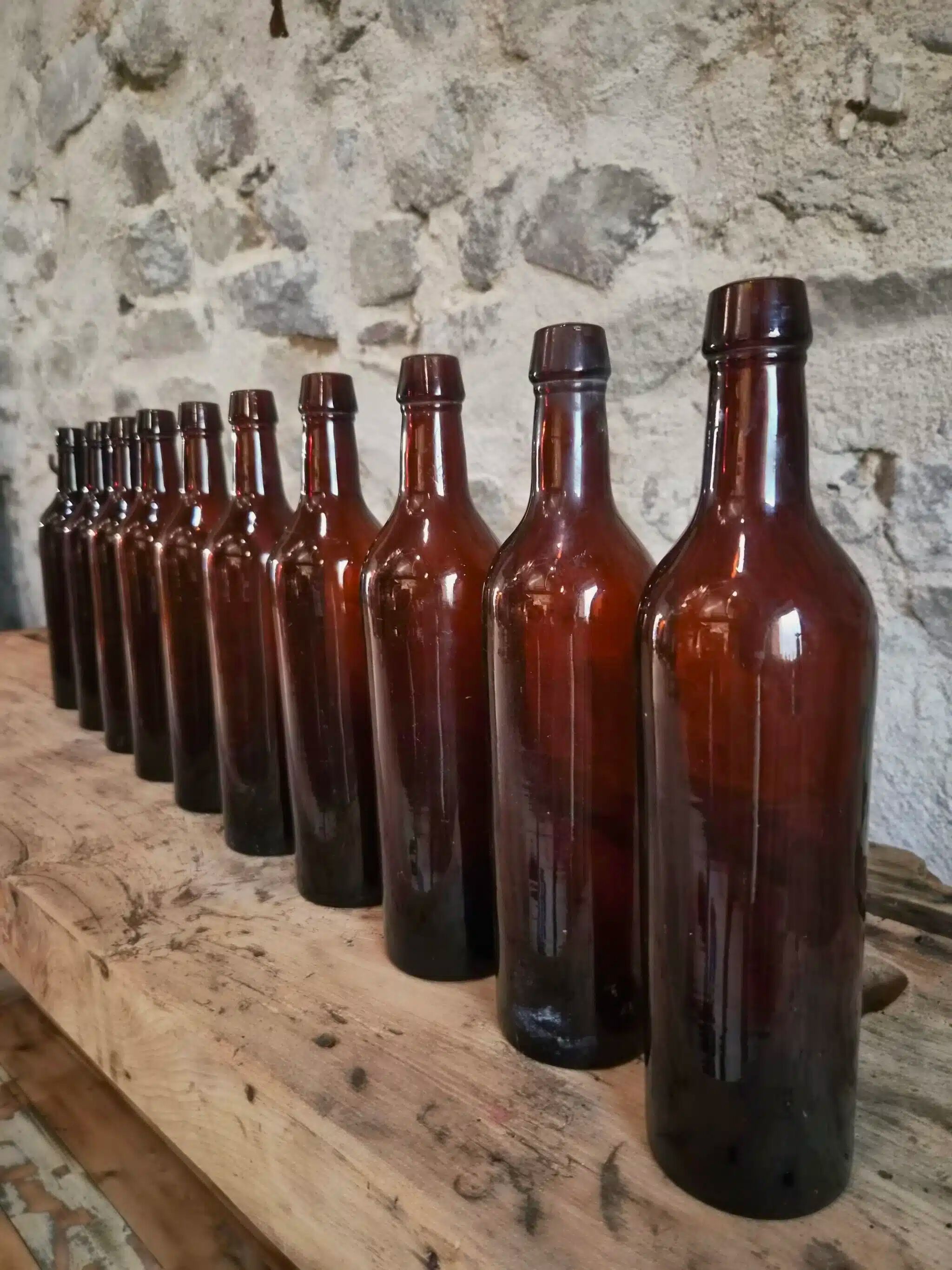 Set of 10 bottles of old Bordeaux French wine in ruby brown glass, 19th century.