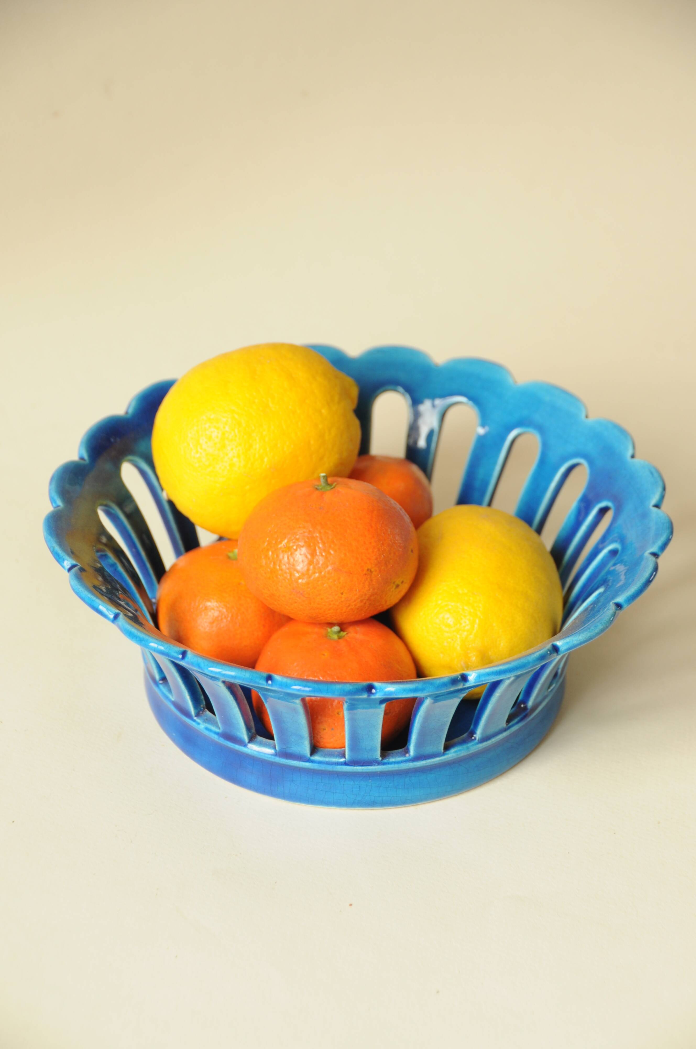 Blue openwork ceramic fruit bowl DLG from Bourg-Joly Malicorne