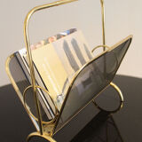 Magazine rack in brass and black lacquered metal, Italy 1970s
