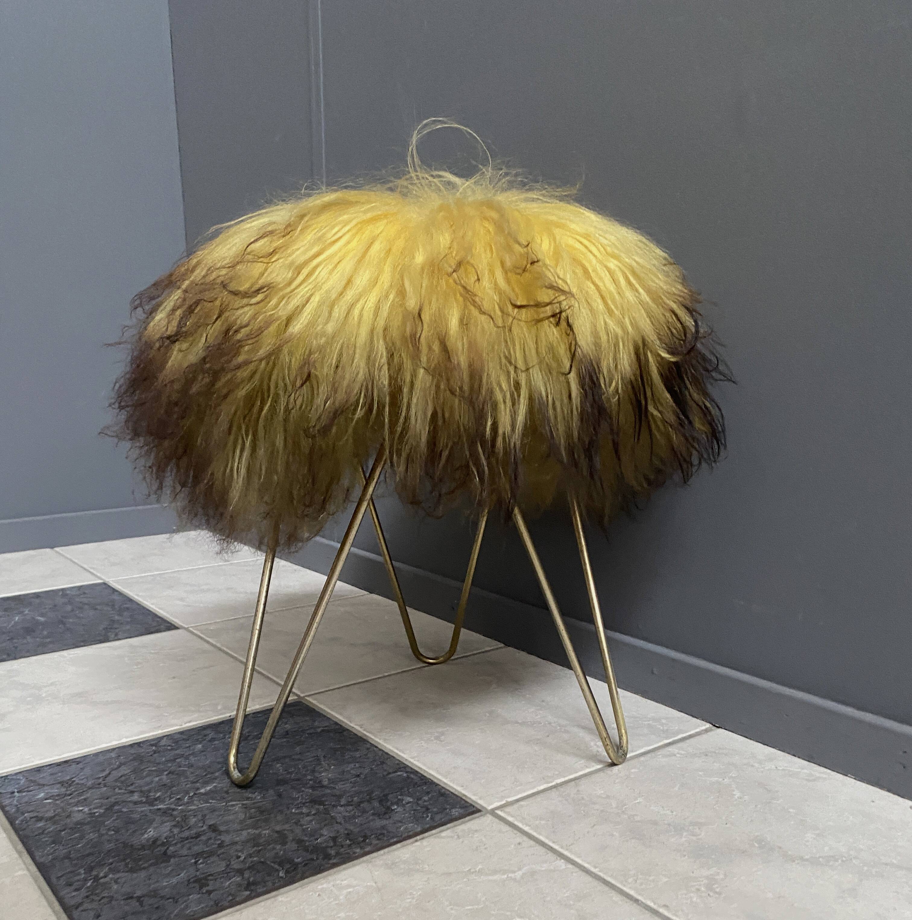 Yellow Angora sheep skin stool 1960s