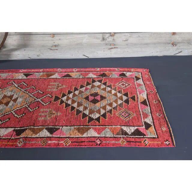 Vintage Turkish Oushak Handmade Wool Cotton Pink Runner Rug 86x362