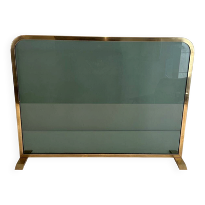 Pare-Feu Design à Panneau Unique en Verre Teinté Vert avec Cadre en Laiton