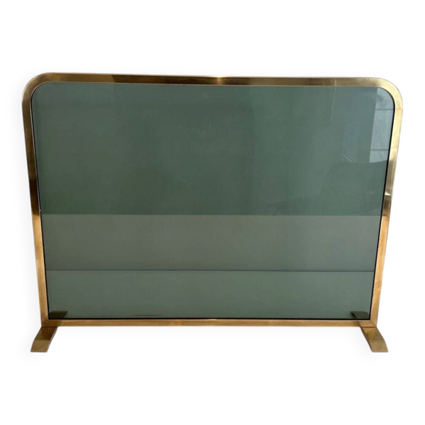 Pare-Feu Design à Panneau Unique en Verre Teinté Vert avec Cadre en Laiton