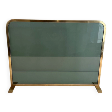 Single Panel Fire Screen in Tinted Green Glass with Brass Frame